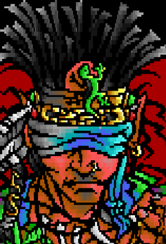 An ANSI art image of a man drawn in vibrant colors with a blindfold over his eyes, a nose rung, and a headdress with a gecko on the front
